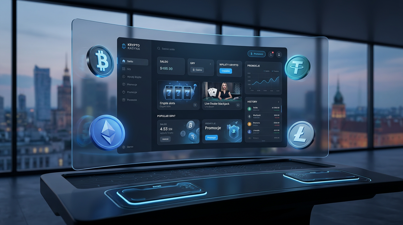 Nowoczesny interfejs kasyna krypto z symbolami Bitcoin i Ethereum