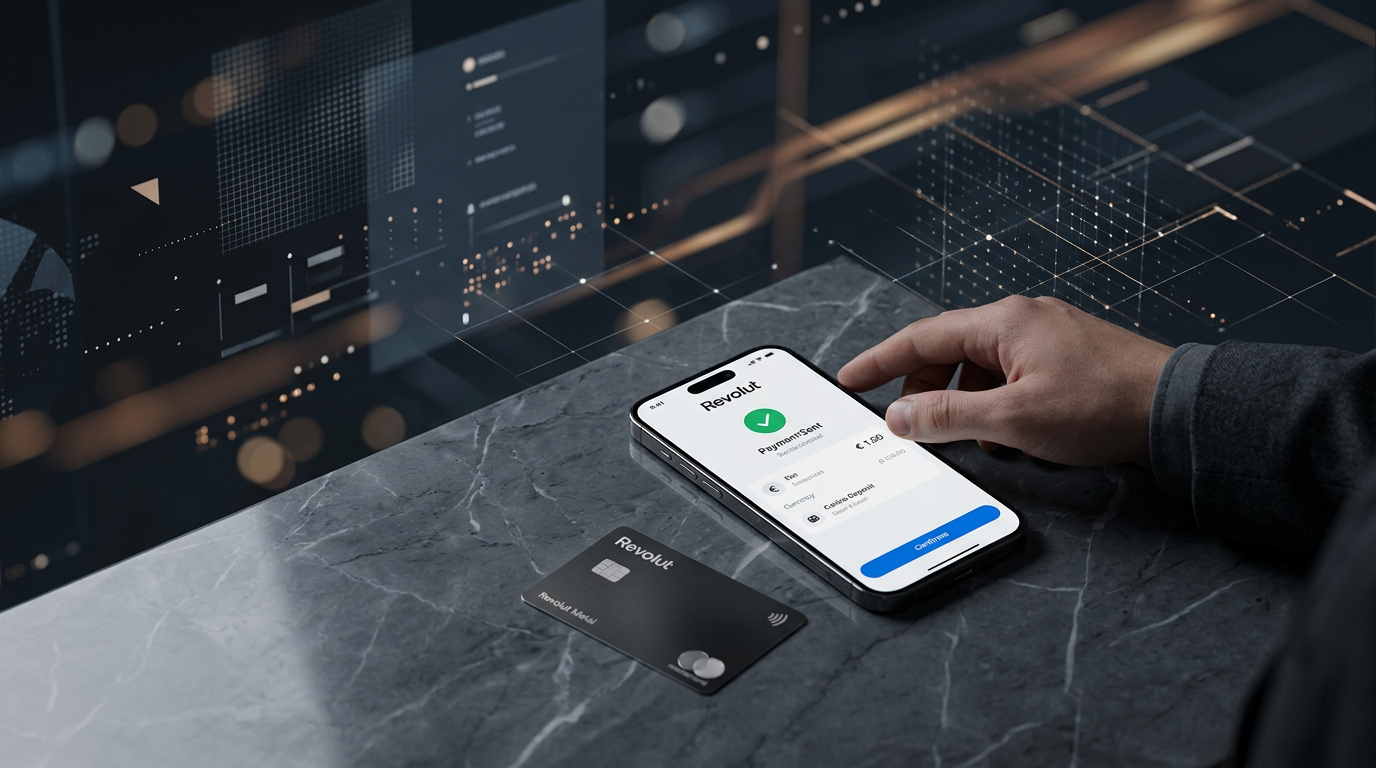 Smartfon z aplikacją Revolut i karta Metal na tle motywów kasyna online