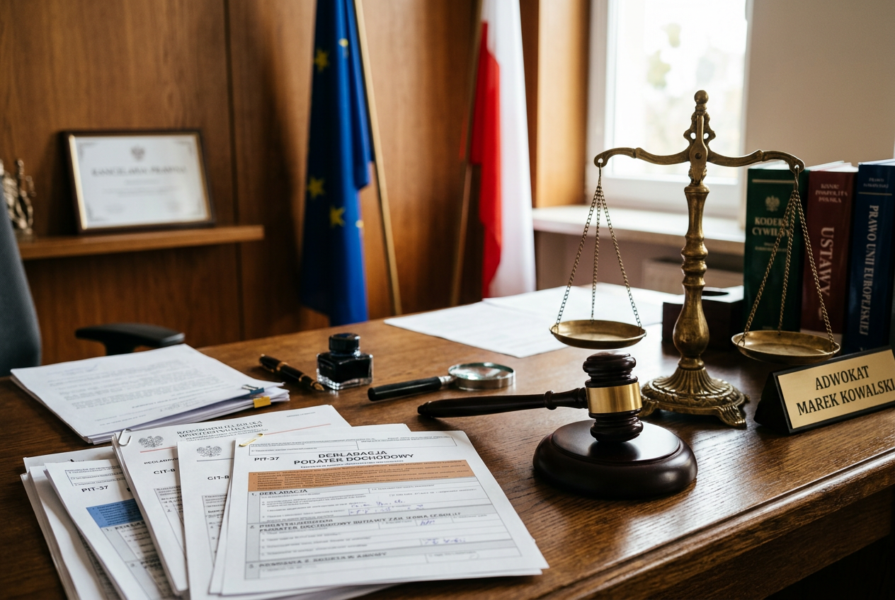 Paragraf, młotek sędziowski i formularz podatkowy na tle flagi Unii Europejskiej i Polski