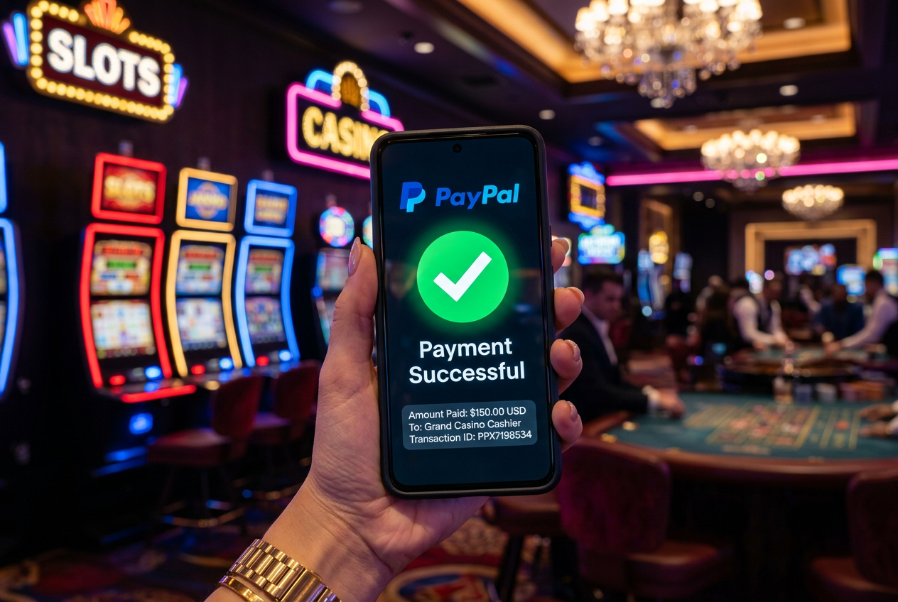 Zbliżenie na ekran smartfona z potwierdzeniem bezpiecznej płatności PayPal w eleganckim kasynie