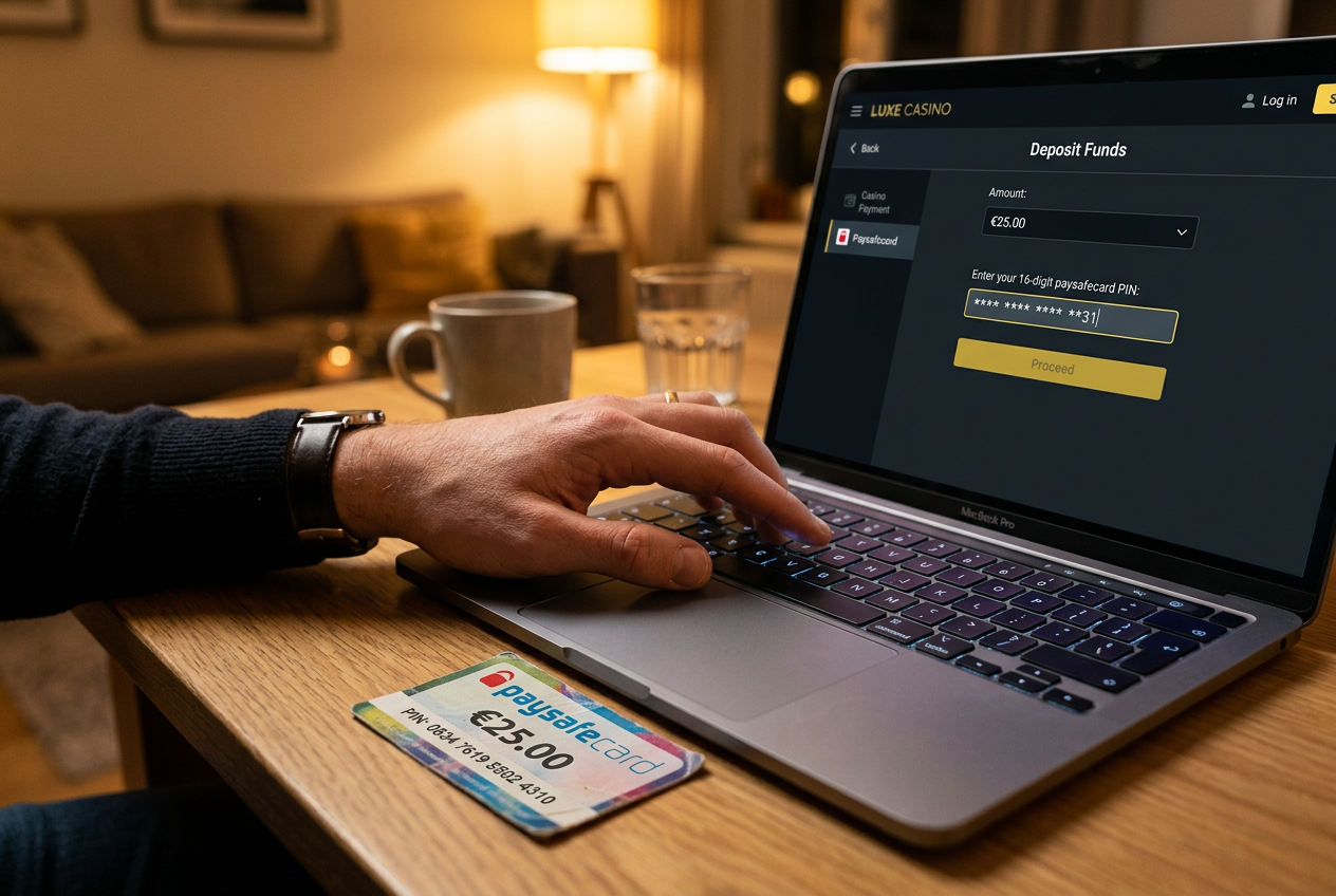 Osoba trzymająca kartę przedpłaconą Paysafecard przed ekranem laptopa z otwartą stroną kasyna