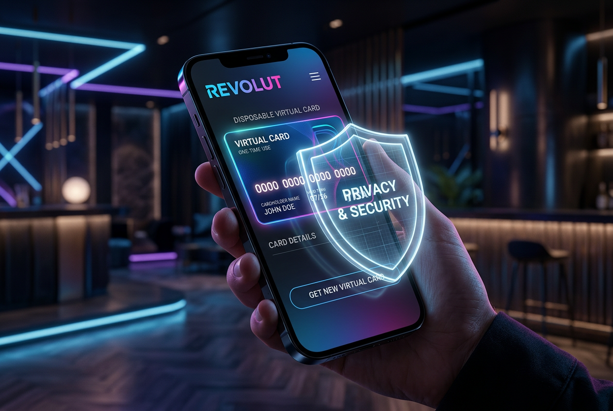 Wirtualna karta jednorazowa Revolut wyświetlana na smartfonie dla bezpiecznych płatności