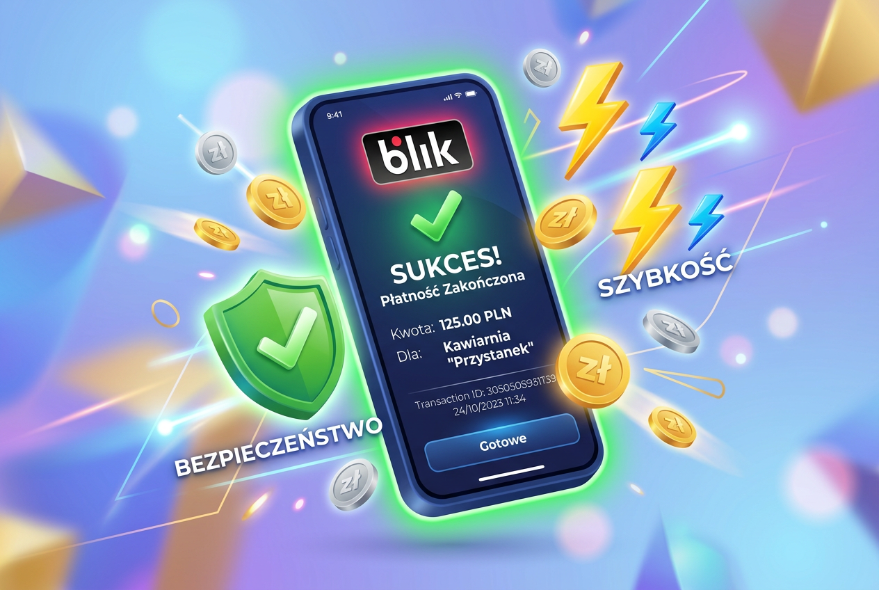 Ilustracja przedstawiająca bezpieczną płatność BLIK na telefonie z ikonami ochrony i szybkości